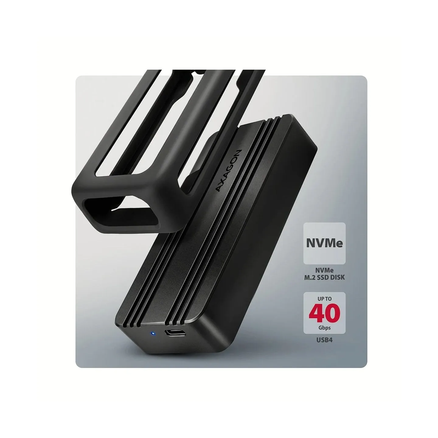 Axagon External aluminum enclosure EEM2-40G USB4 Gen 3x2 M.2 NVMe SSD 40Gbps, passive cooling, USB-C cable, silicone sleeve