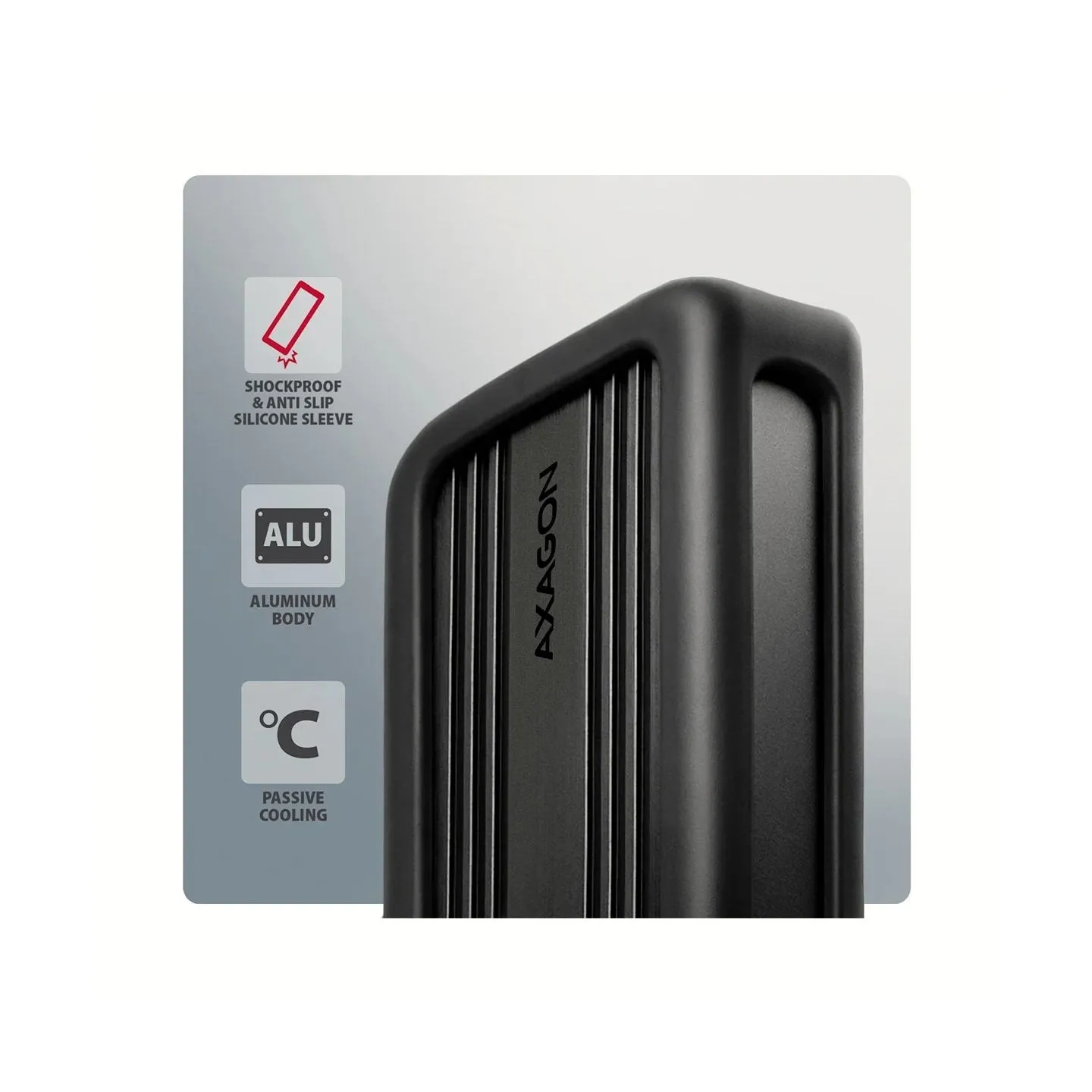 Axagon External aluminum enclosure EEM2-40G USB4 Gen 3x2 M.2 NVMe SSD 40Gbps, passive cooling, USB-C cable, silicone sleeve