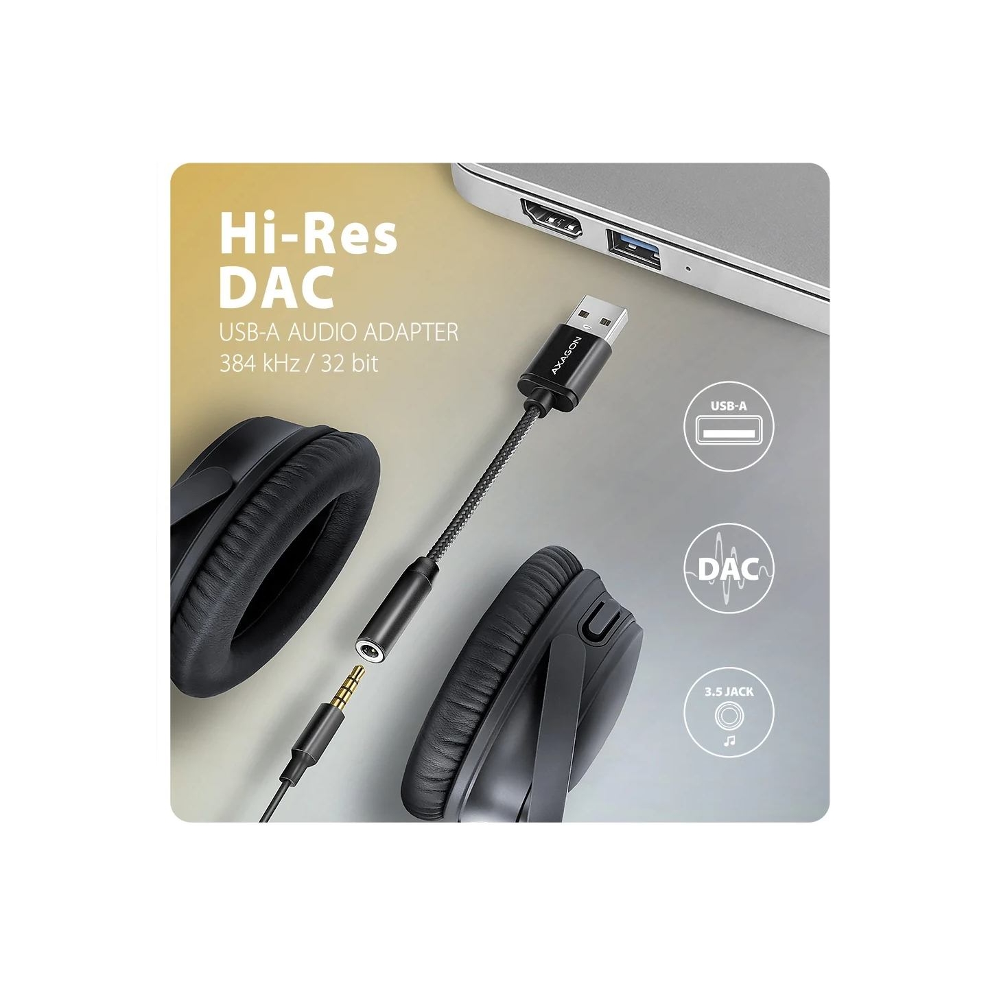 Axagon ADA-HA USB-A Hi-Res DAC audio adapter. External USB-A sound card to 3,5 mm jack, 384 kHz 32 bit DAC, stereo