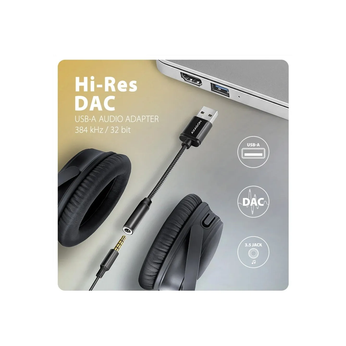 Axagon ADA-HA USB-A Hi-Res DAC audio adapter. External USB-A sound card to 3,5 mm jack, 384 kHz 32 bit DAC, stereo