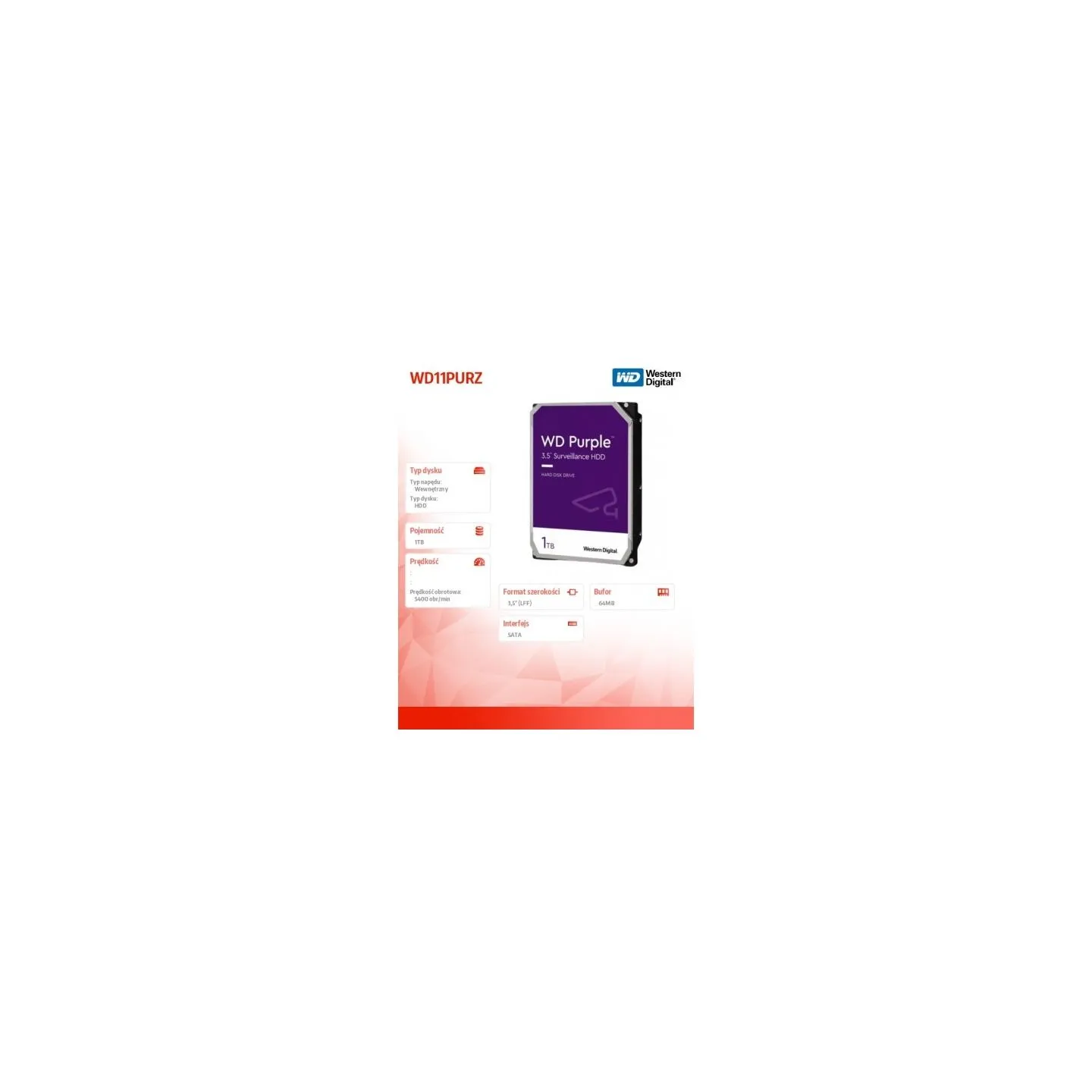 WD HDD AV WD Purple (3.5'', 1TB, 64MB, 5400 RPM, SATA 6 Gb/s)