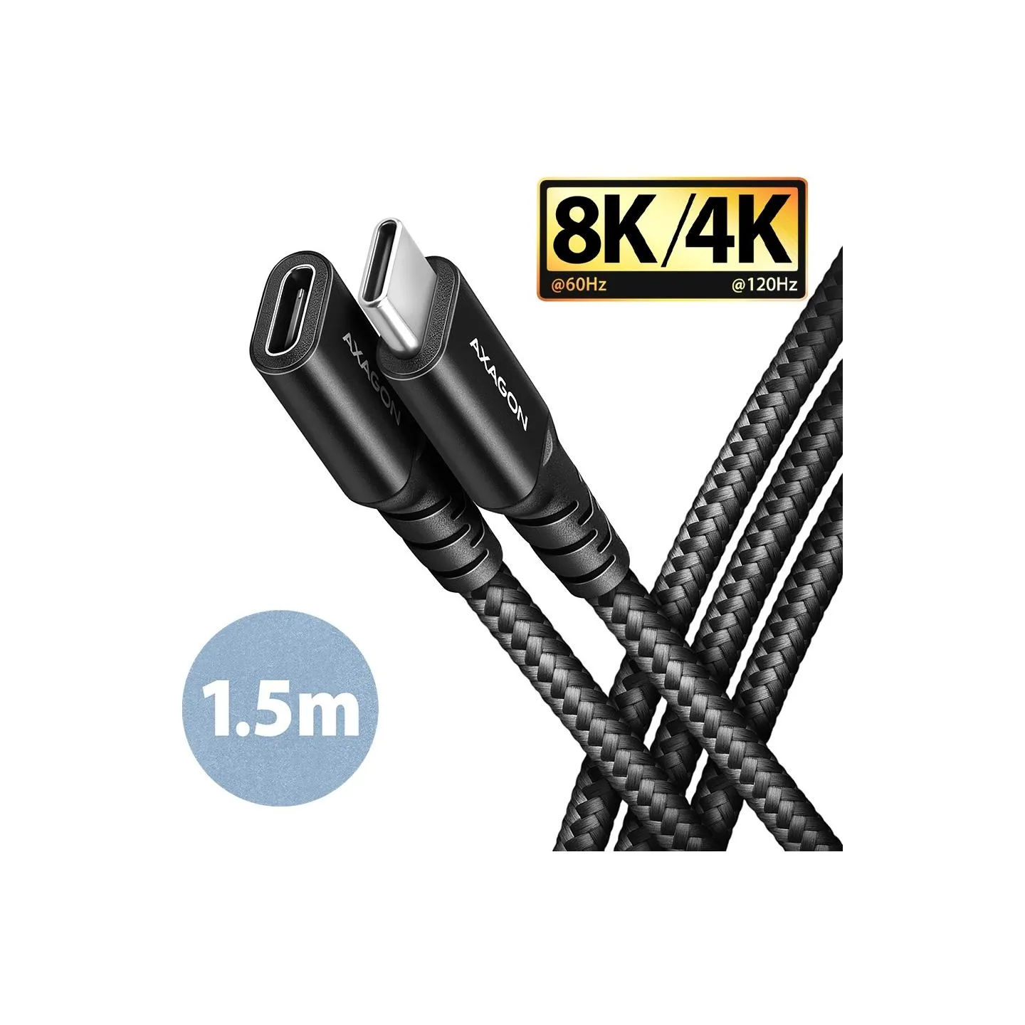Axagon Extension USB 20Gbps cable length 1.5 m. PD 240W, 5A, 8K HD video. Black braided.
