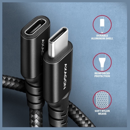 Axagon Extension USB 20Gbps cable length 1.5 m. PD 240W, 5A, 8K HD video. Black braided.