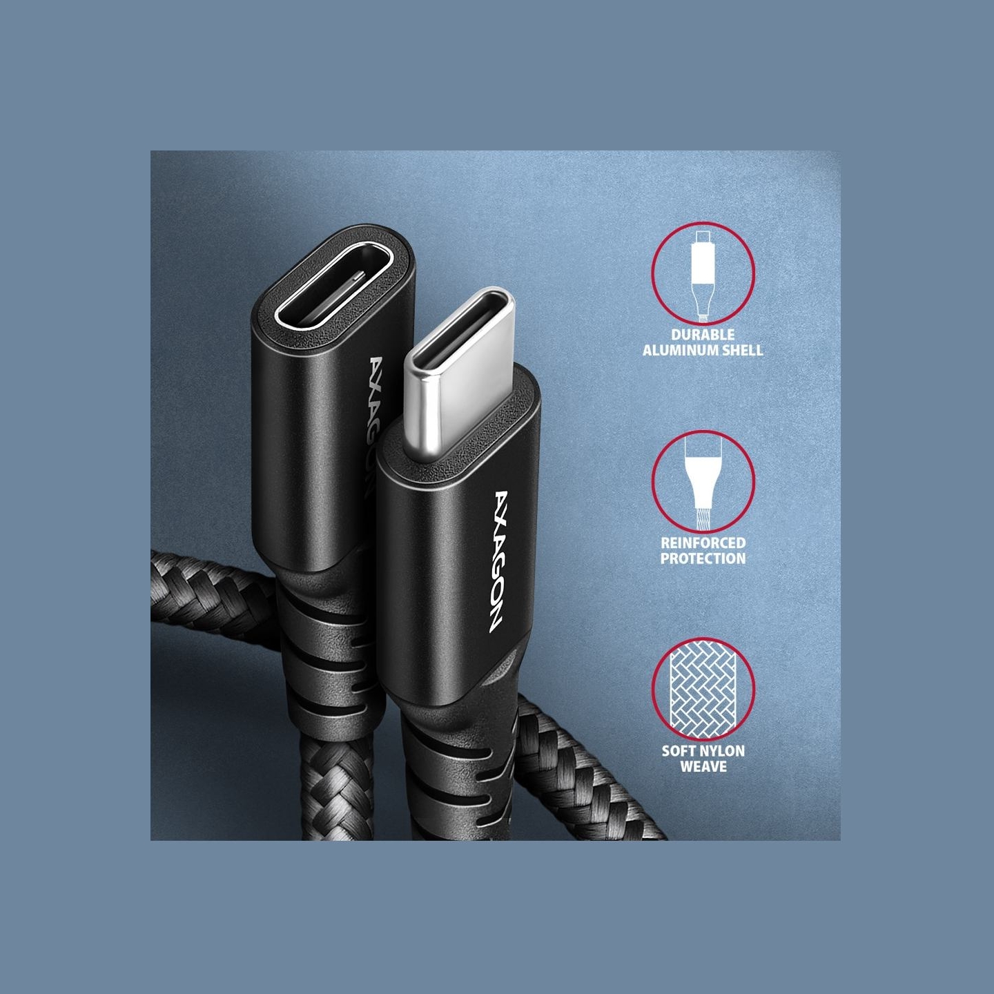 Axagon Extension USB 20Gbps cable length 1.5 m. PD 240W, 5A, 8K HD video. Black braided.