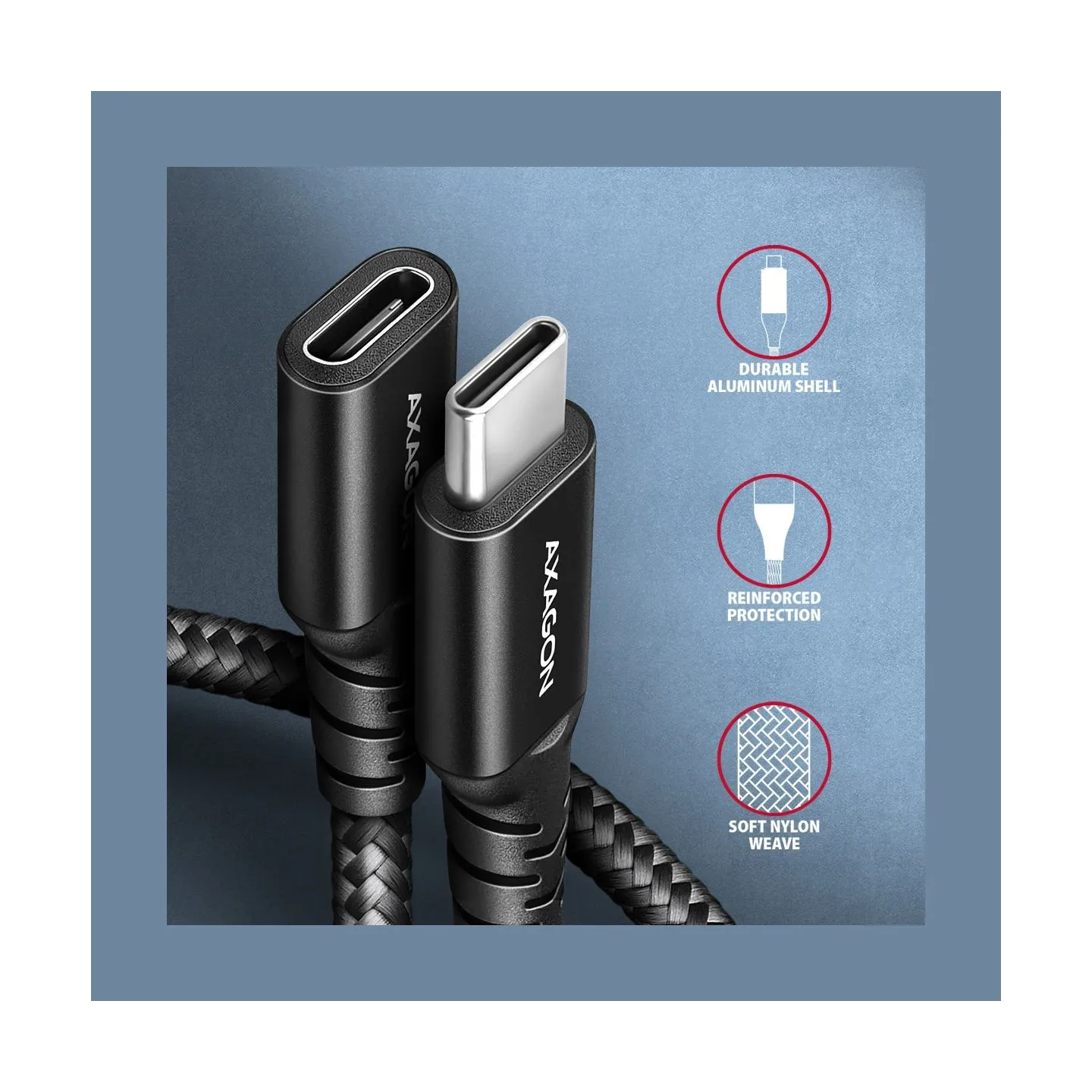 Axagon Extension USB 20Gbps cable length 1.5 m. PD 240W, 5A, 8K HD video. Black braided.