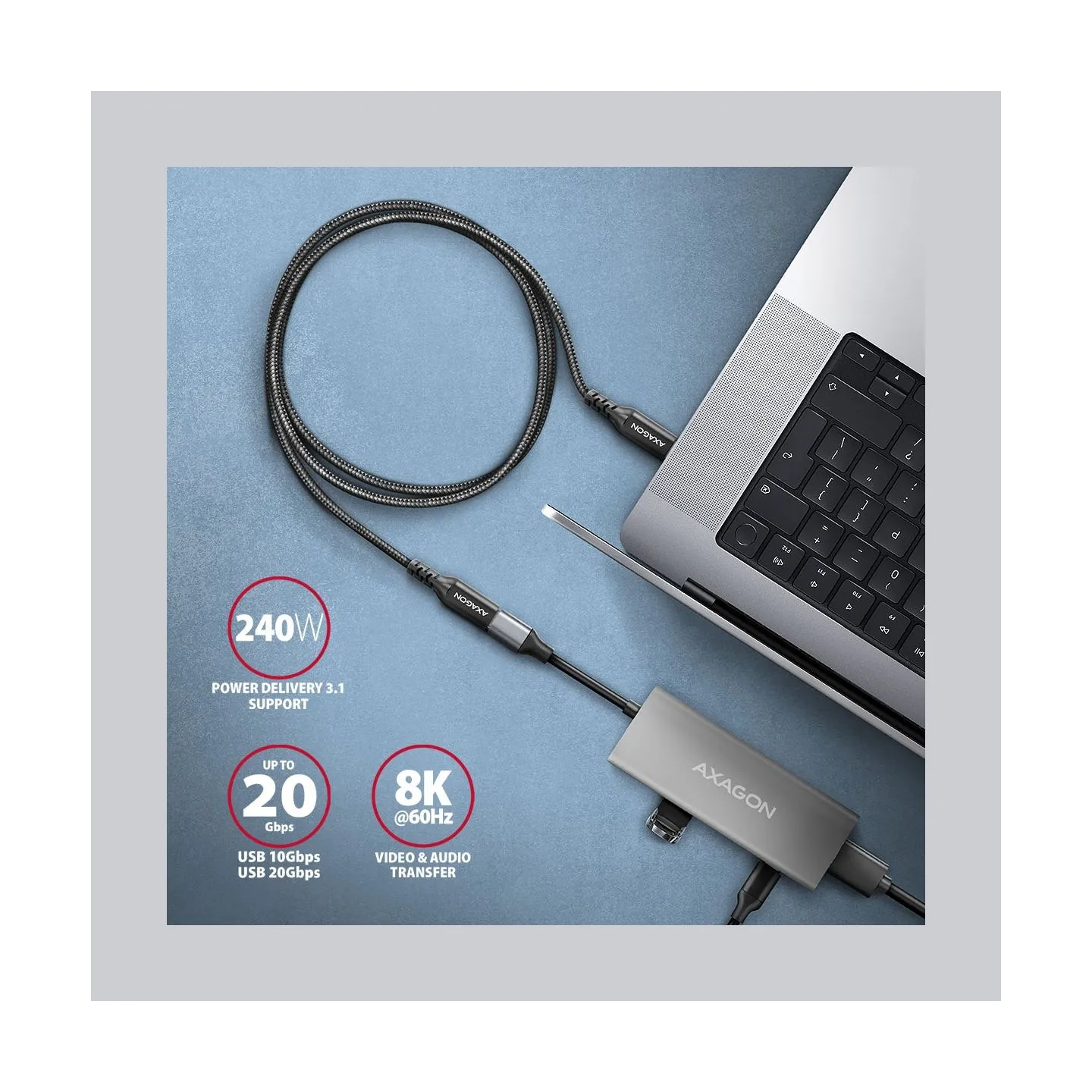 Axagon Extension USB 20Gbps cable length 1.5 m. PD 240W, 5A, 8K HD video. Black braided.
