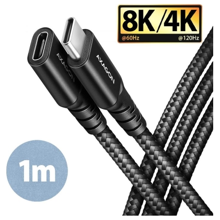 Axagon Extension USB 20Gbps cable length 1 m. PD 240W, 5A, 8K HD video. Black braided.