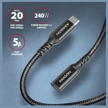 Axagon Extension USB 20Gbps cable length 1 m. PD 240W, 5A, 8K HD video. Black braided.