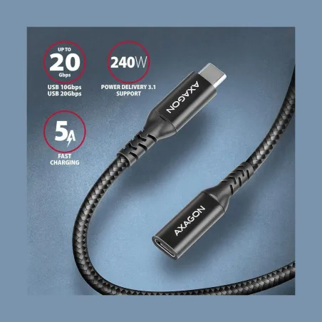 Axagon Extension USB 20Gbps cable length 1 m. PD 240W, 5A, 8K HD video. Black braided.
