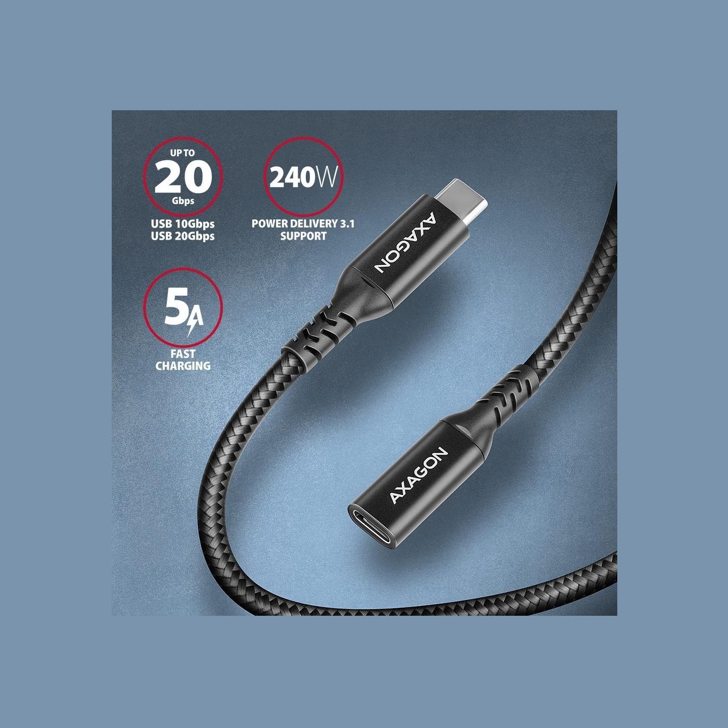Axagon Extension USB 20Gbps cable length 1 m. PD 240W, 5A, 8K HD video. Black braided.