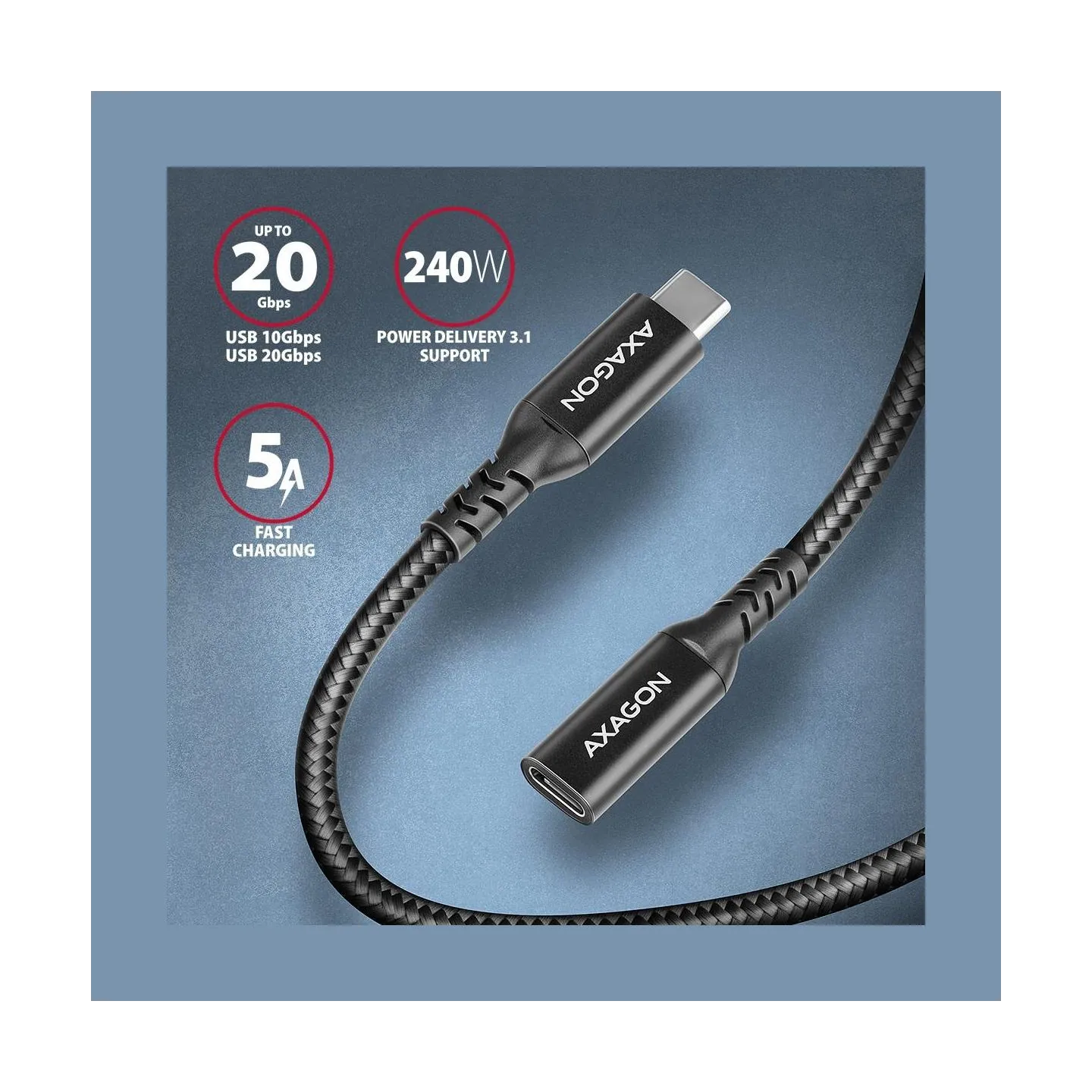 Axagon Extension USB 20Gbps cable length 1 m. PD 240W, 5A, 8K HD video. Black braided.