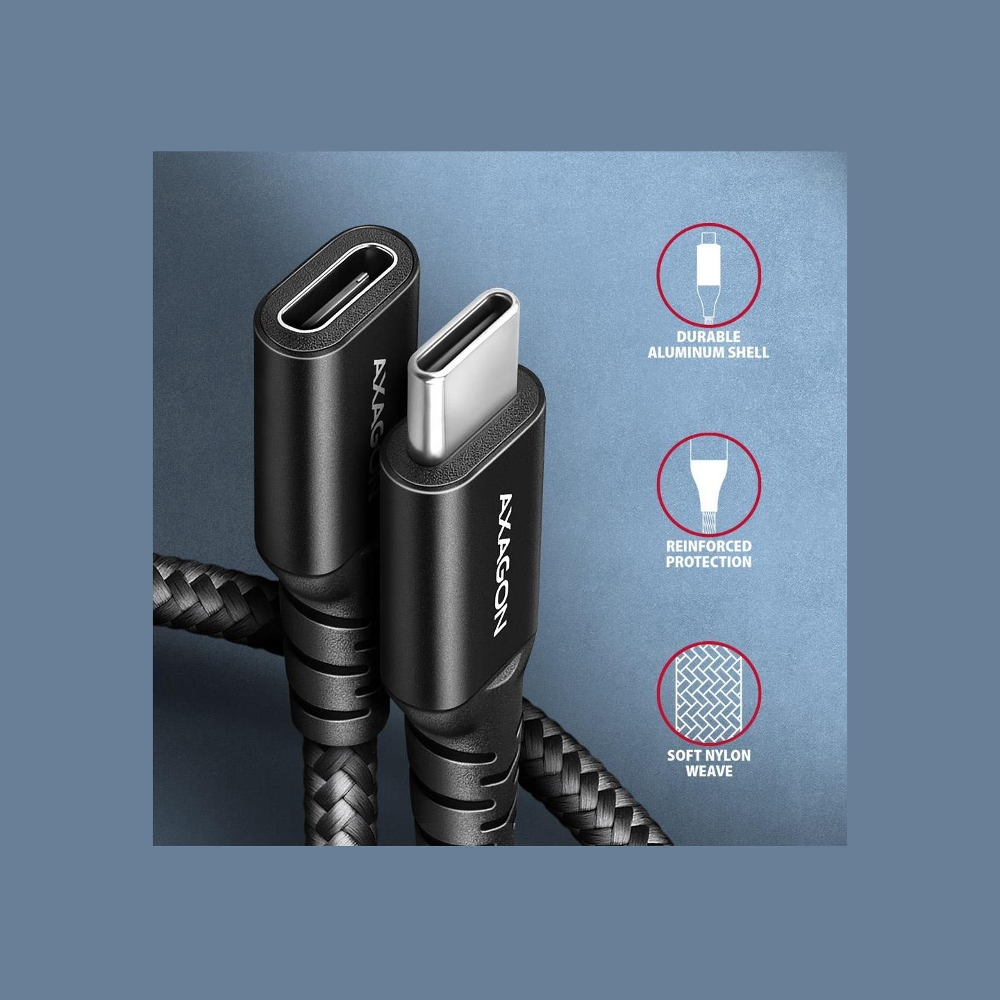 Axagon Extension USB 20Gbps cable length 1 m. PD 240W, 5A, 8K HD video. Black braided.