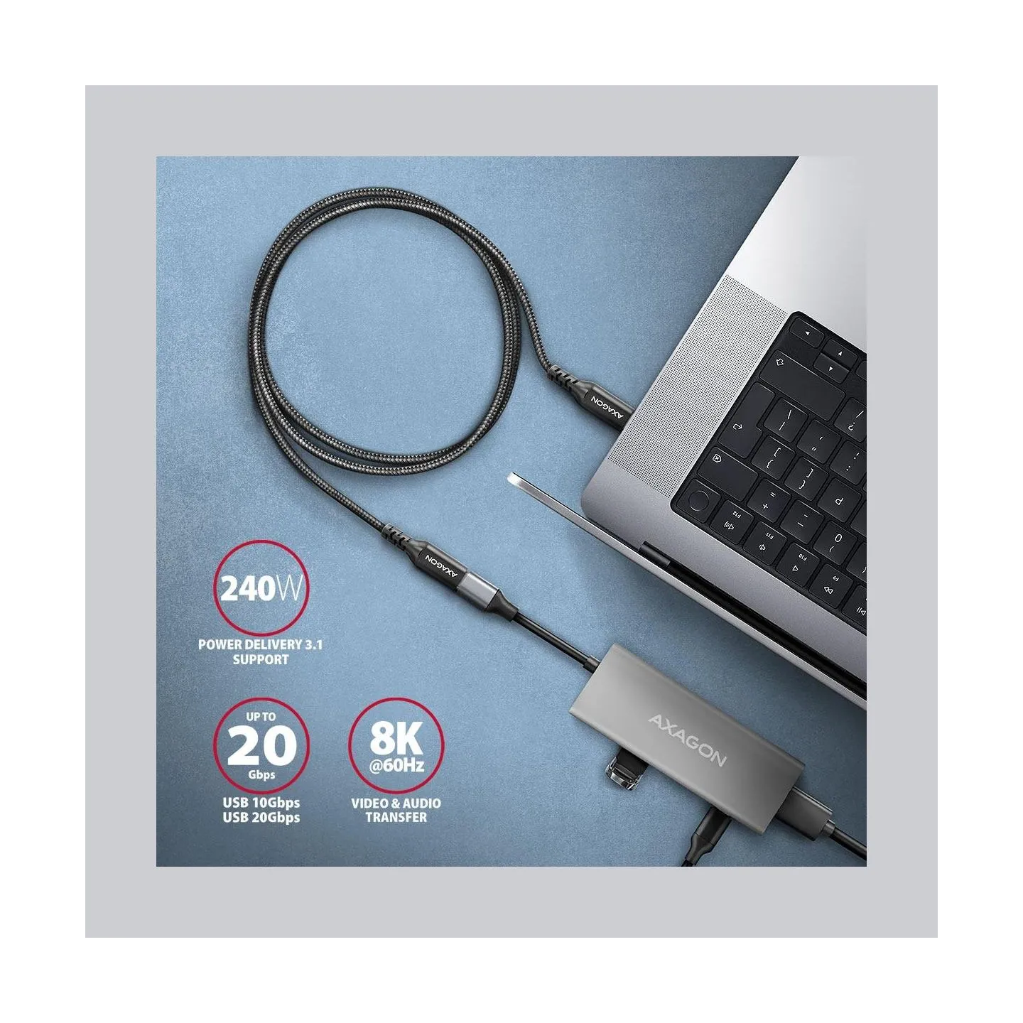 Axagon Extension USB 20Gbps cable length 1 m. PD 240W, 5A, 8K HD video. Black braided.
