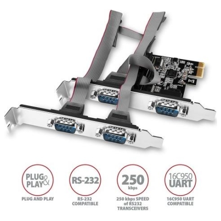 Axagon PCI-Express card with four serial ports 250 kbps. ASIX AX99100. Standard & Low profile.