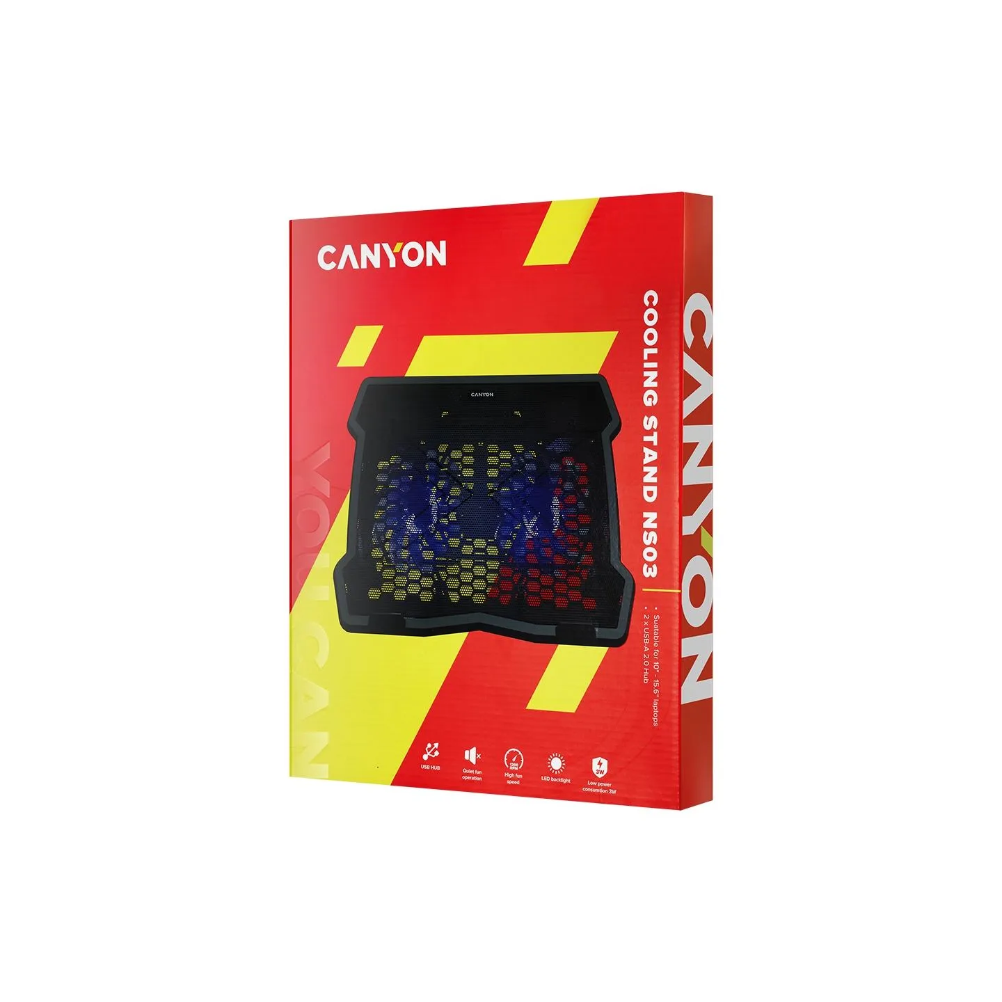 Canyon NS03, Cooling stand dual-fan with 2x2.0 USB hub, support up to 10”-15.6” laptop, ABS plastic and iron, Fans dimension:125